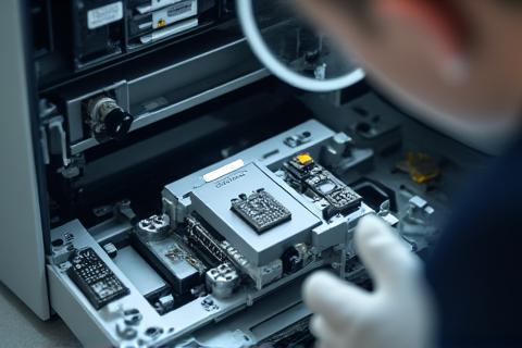 Technician inspecting a printer with a magnifying glass