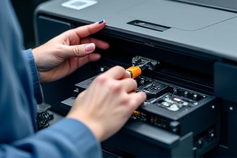 Technician meticulously cleaning and replacing printer parts