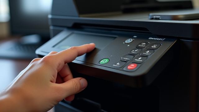 Hand pressing buttons on a Brother printer control panel for a factory reset