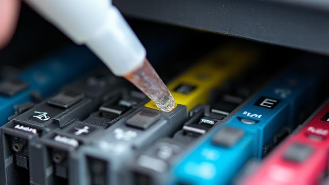 Close-up of print heads being cleaned on an Epson EcoTank printer