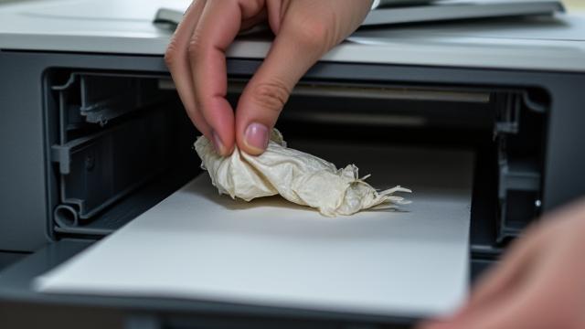 User carefully removing jammed paper from an HP LaserJet printer
